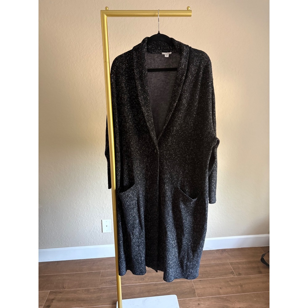 JJILL Womens Cardigan Sweater Coat Black White Speckled Wool Blend Long Staple